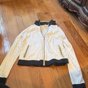 Lululemon White Zip-Front Bomber Jacket with Black Trim and Gold Accents